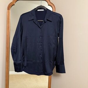 Silky Navy Long-Sleeve Button-Up Shirt